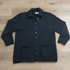 Japanese Made Cotton Knit Black Cardigan With Pockets Rolled Hems And Collar